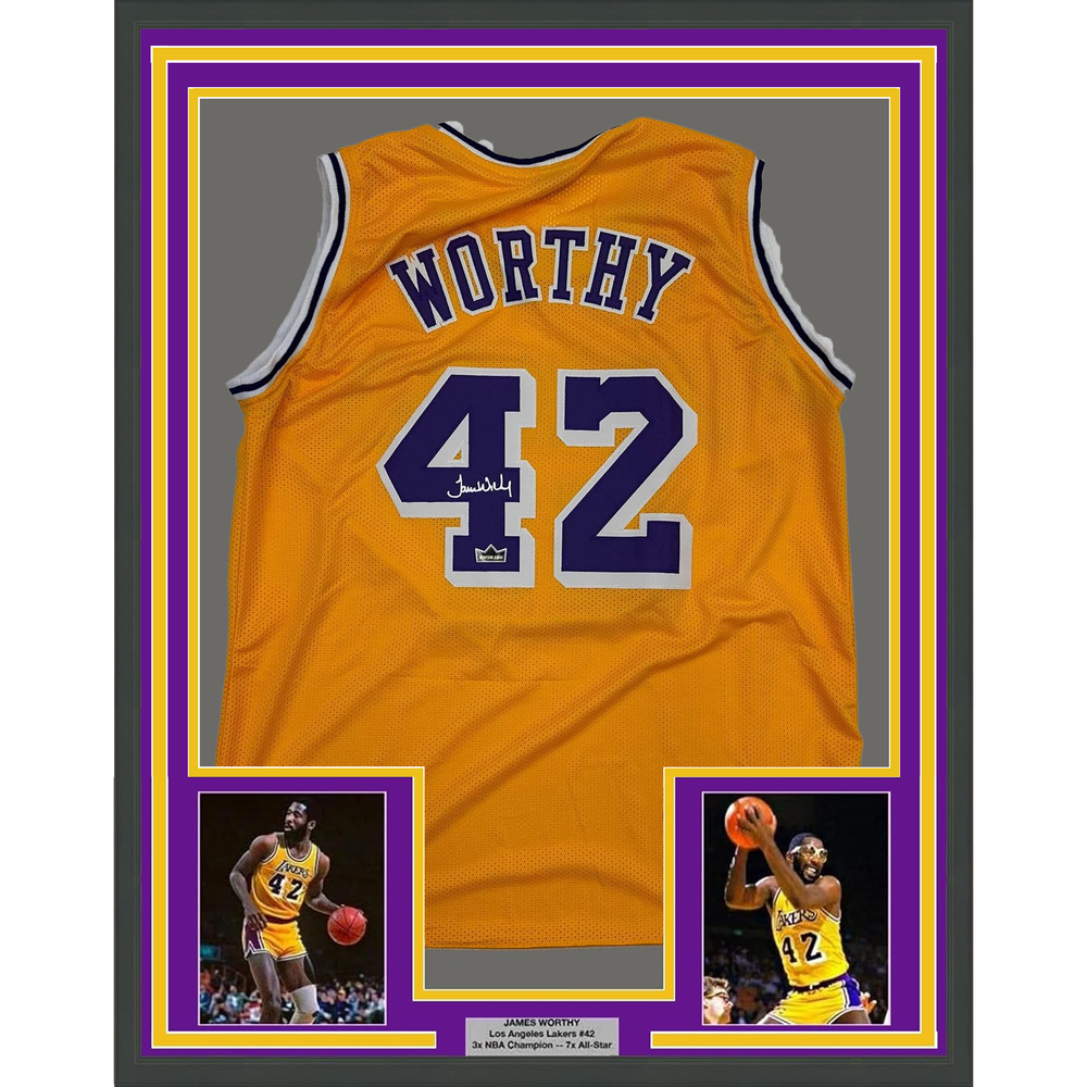 Framed Facsimile Autographed James Worthy 35x39 Los Angeles LA Yellow Reprint Laser Auto Basketball Jersey (ONLINE ORDER ONLY)