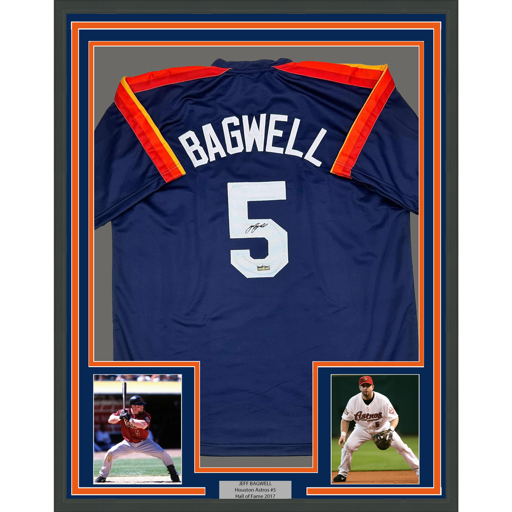 Framed Facsimile Autographed Jeff Bagwell 35x39 Houston Blue Reprint Laser Auto Baseball Jersey (ONLINE ORDER ONLY)