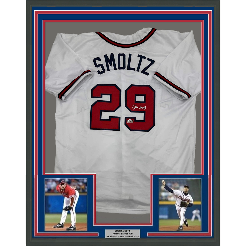 Framed Facsimile Autographed John Smoltz 35x39 Atlanta White Reprint Laser Auto Baseball Jersey (ONLINE ORDER ONLY)