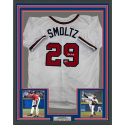 Framed Facsimile Autographed John Smoltz 35x39 Atlanta White Reprint Laser Auto Baseball Jersey (ONLINE ORDER ONLY)