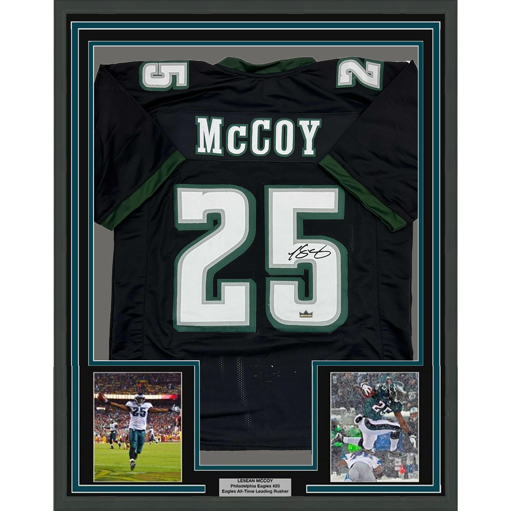 Framed Facsimile Autographed LeSean McCoy 35x39 Philadelphia Black Reprint Laser Auto Football Jersey (ONLINE ORDER ONLY)