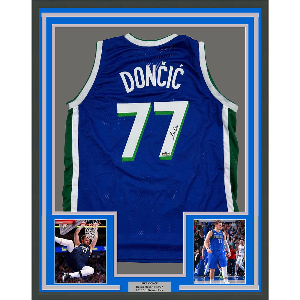 Framed Facsimile Autographed Luka Doncic 35x39 Dallas Retro Blue Reprint Laser Auto Basketball Jersey (ONLINE ORDER ONLY)