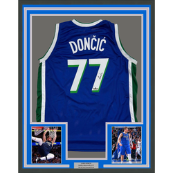 Framed Facsimile Autographed Luka Doncic 35x39 Dallas Retro Blue Reprint Laser Auto Basketball Jersey (ONLINE ORDER ONLY)
