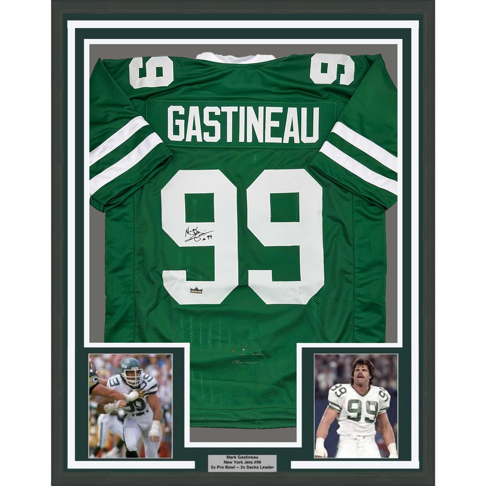 Framed Facsimile Autographed Mark Gastineau 35x39 New York Green Reprint Laser Auto Football Jersey (ONLINE ORDER ONLY)
