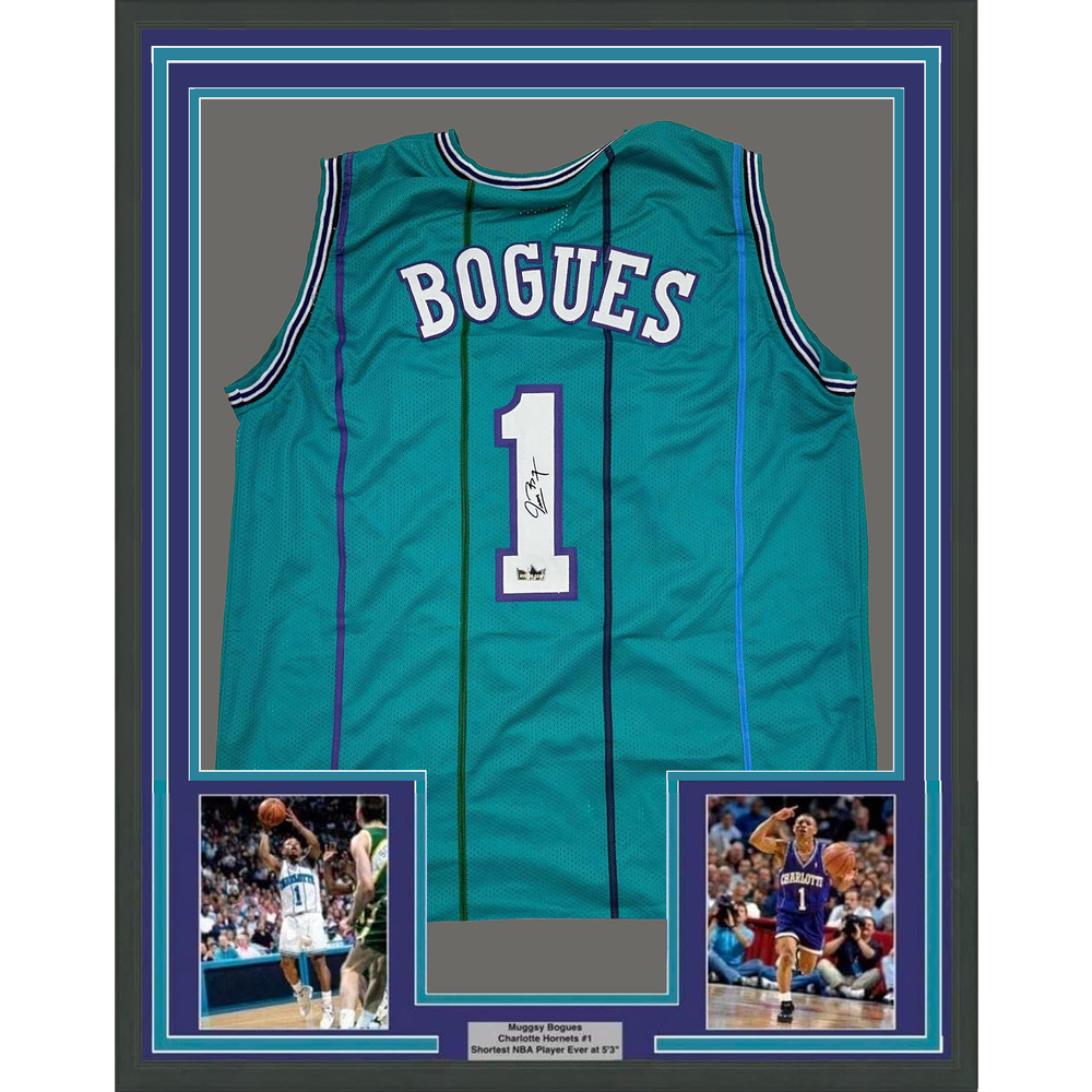 Framed Facsimile Autographed Muggsy Bogues 35x39 Charlotte Teal Reprint Laser Auto Basketball Jersey (ONLINE ORDER ONLY)