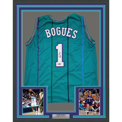 Framed Facsimile Autographed Muggsy Bogues 35x39 Charlotte Teal Reprint Laser Auto Basketball Jersey (ONLINE ORDER ONLY)