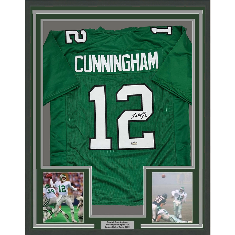 Framed Facsimile Autographed Randall Cunningham 35x39 Philadelphia Kelly Green Reprint Laser Auto Football Jersey (ONLINE ORDER ONLY)