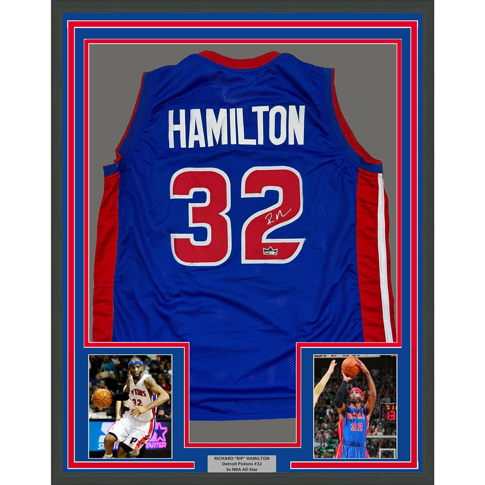 Framed Facsimile Autographed Richard Hamilton 35x39 Detroit Blue Reprint Laser Auto Basketball Jersey (ONLINE ORDER ONLY)