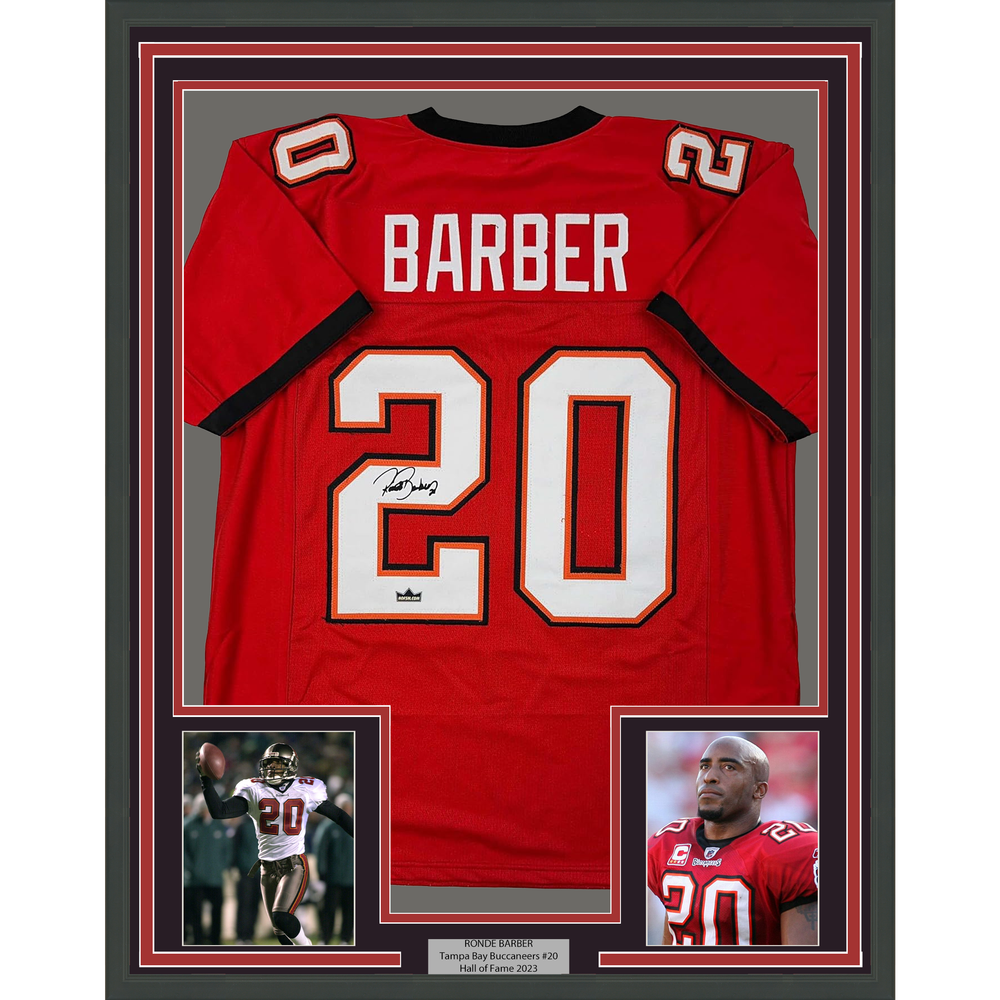 Framed Facsimile Autographed Ronde Barber 35x39 Tampa Bay Red Reprint Laser Auto Football Jersey (ONLINE ORDER ONLY)