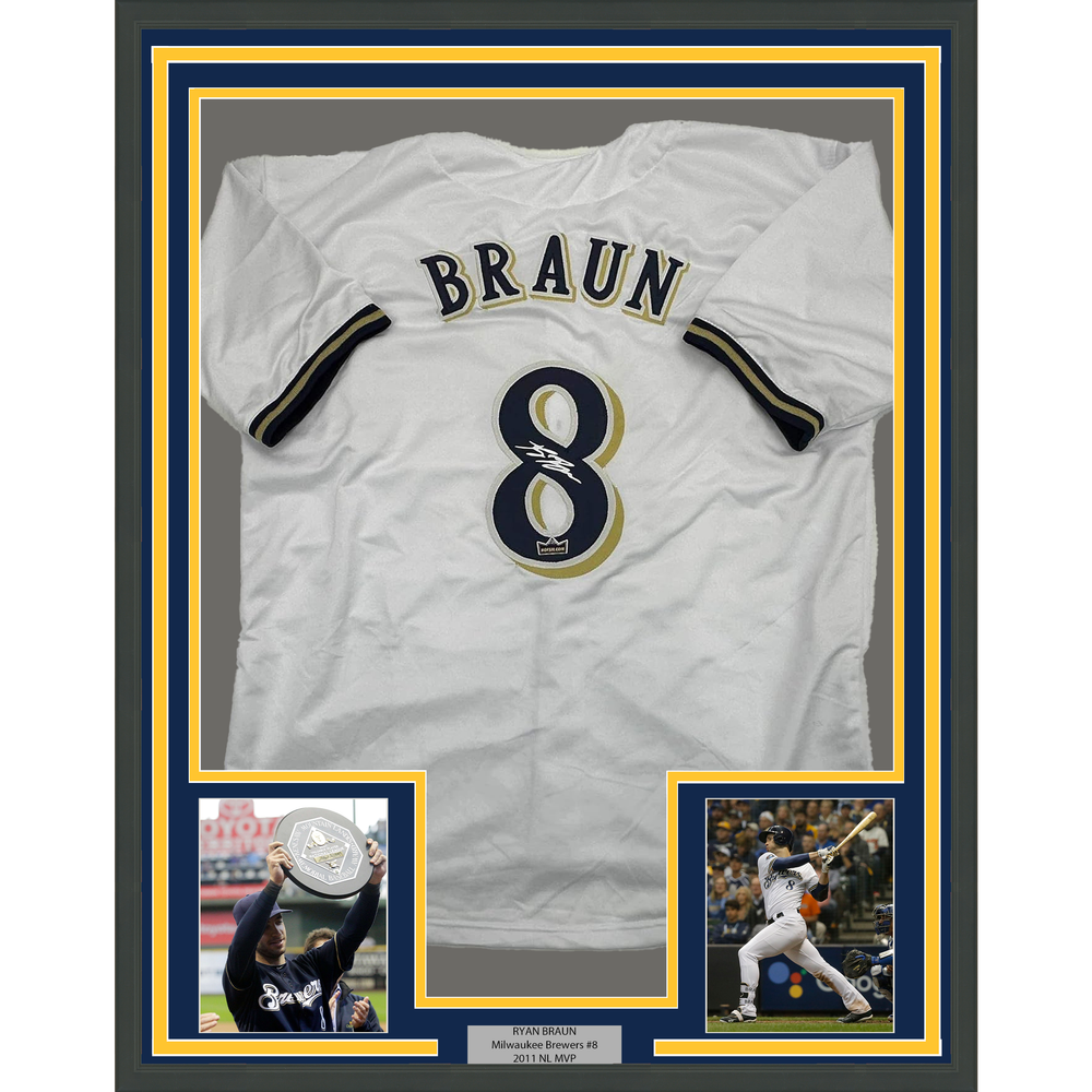 Framed Facsimile Autographed Ryan Braun 35x39 Milwaukee White Reprint Laser Auto Baseball Jersey (ONLINE ORDER ONLY)