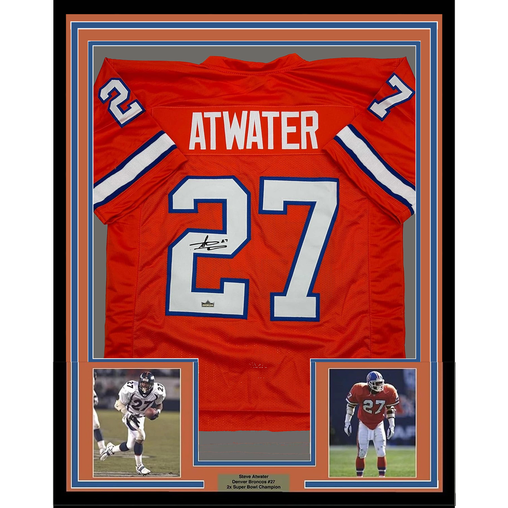 Framed Facsimile Autographed Steve Atwater 35x39 Denver Orange Reprint Laser Auto Football Jersey (ONLINE ORDER ONLY)