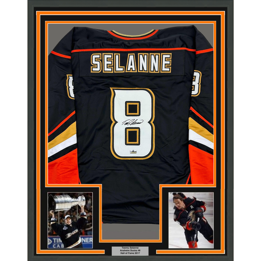 Framed Facsimile Autographed Teemu Selanne 35x39 Anaheim Black Reprint Laser Auto Hockey Jersey (ONLINE ORDER ONLY)