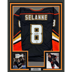Framed Facsimile Autographed Teemu Selanne 35x39 Anaheim Black Reprint Laser Auto Hockey Jersey (ONLINE ORDER ONLY)