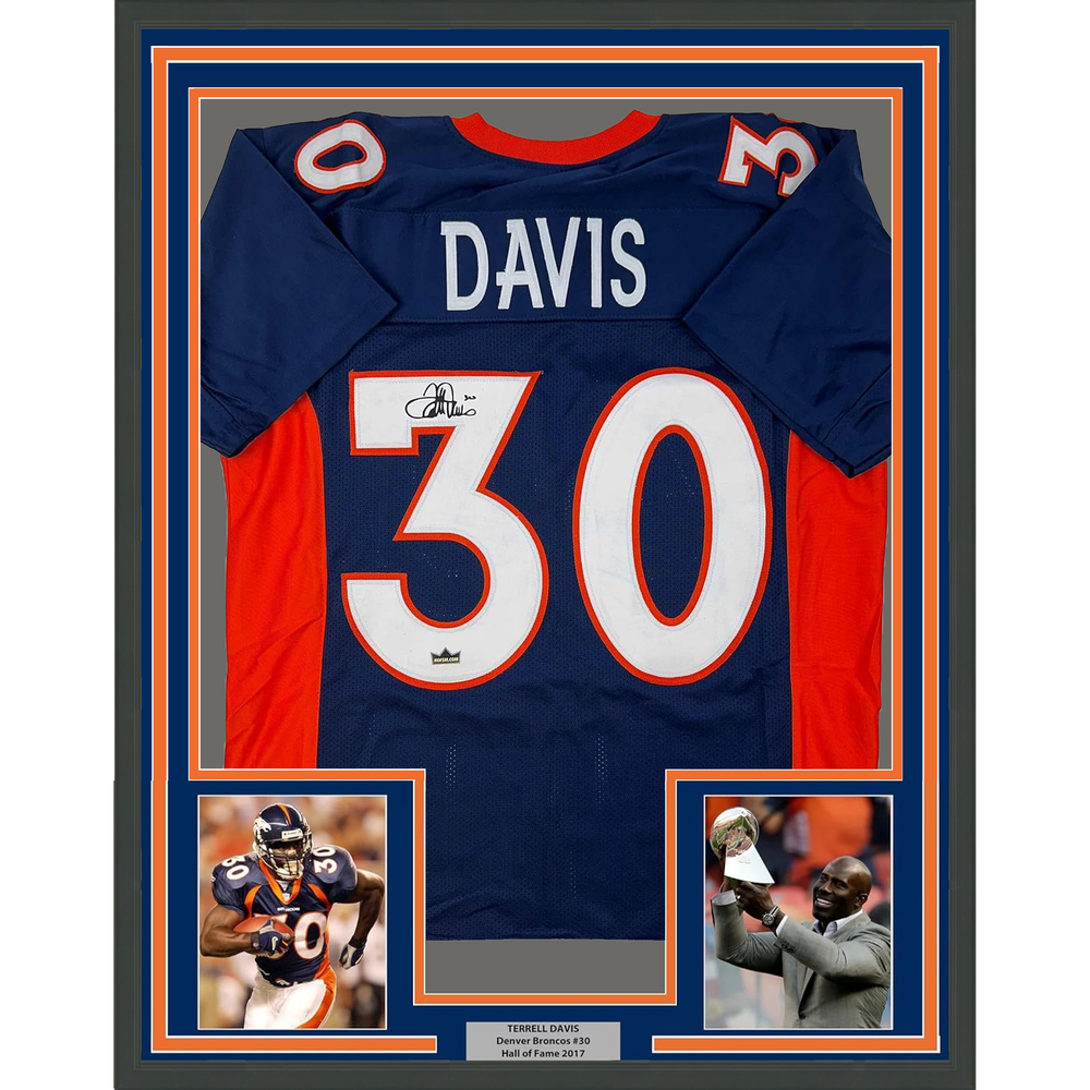 Framed Facsimile Autographed Terrell Davis 35x39 Denver Blue Reprint Laser Auto Football Jersey (ONLINE ORDER ONLY)