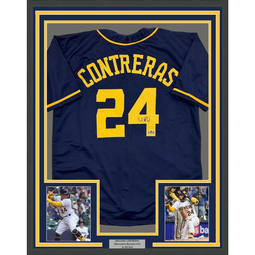 Framed Facsimile Autographed William Contreras 35x39 Milwaukee Blue Reprint Laser Auto Baseball Jersey (ONLINE ORDER ONLY)