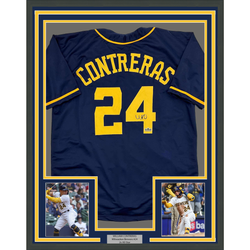 Framed Facsimile Autographed William Contreras 35x39 Milwaukee Blue Reprint Laser Auto Baseball Jersey (ONLINE ORDER ONLY)