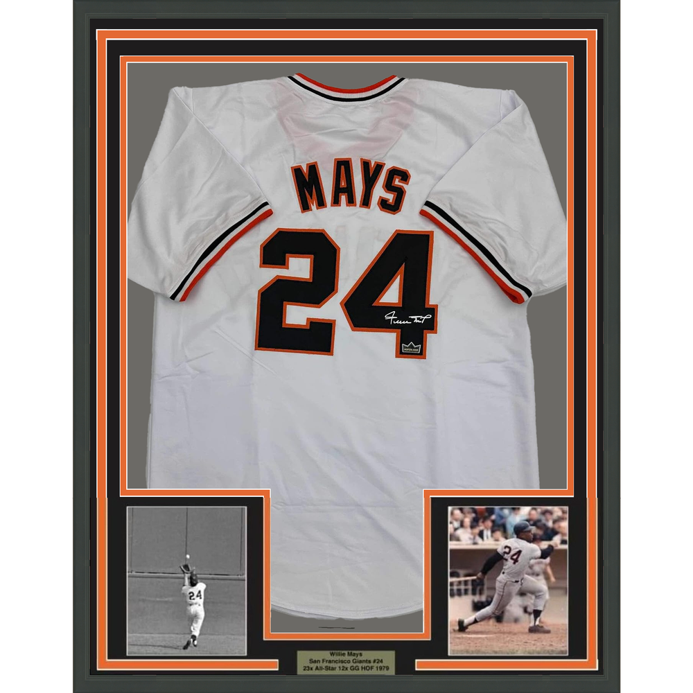 Framed Facsimile Autographed Willie Mays 35x39 San Francisco White Reprint Laser Auto Baseball Jersey (ONLINE ORDER ONLY)