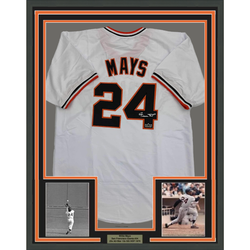 Framed Facsimile Autographed Willie Mays 35x39 San Francisco White Reprint Laser Auto Baseball Jersey (ONLINE ORDER ONLY)