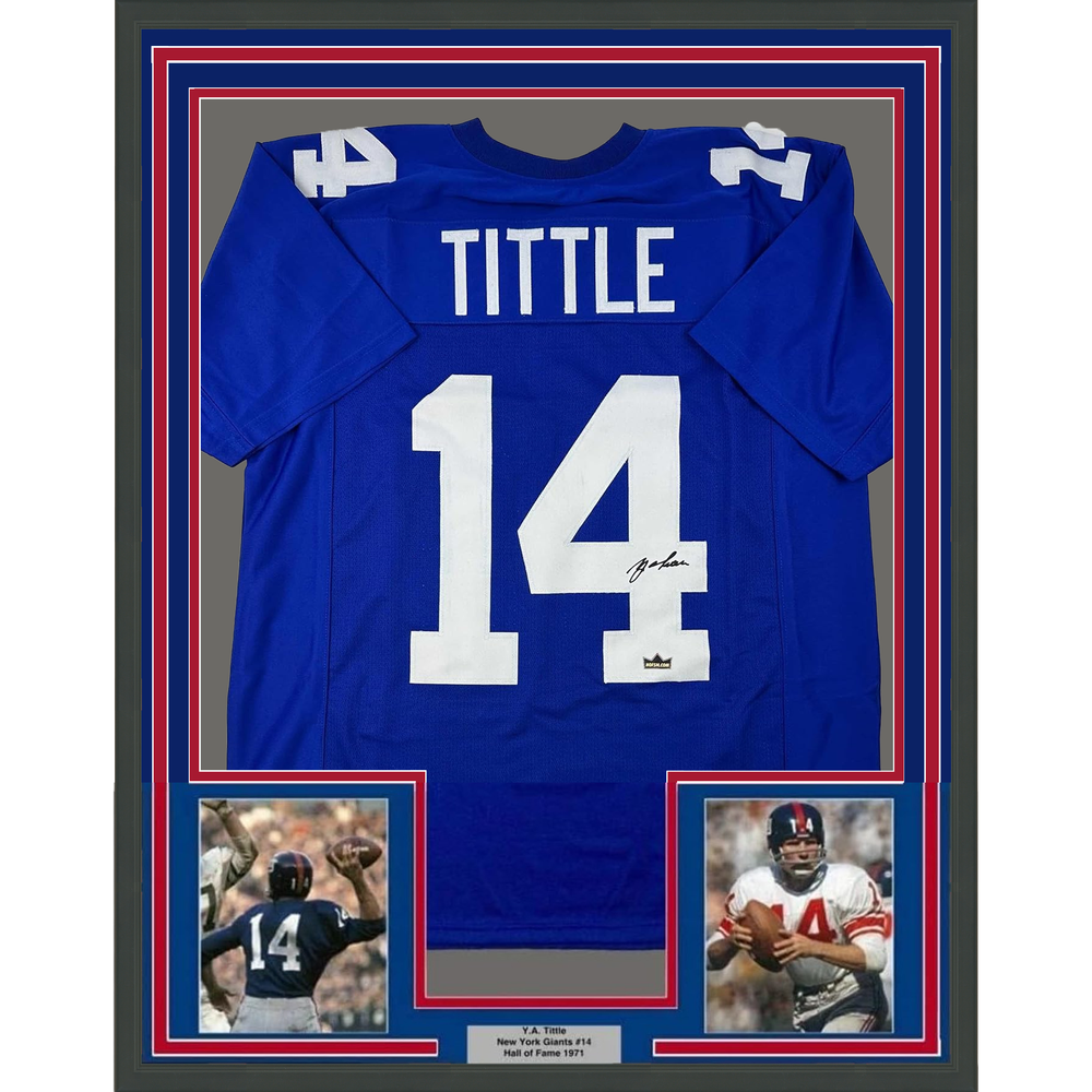 Framed Facsimile Autographed Y.A. YA Tittle 35x39 New York Blue Reprint Laser Auto Football Jersey (ONLINE ORDER ONLY)