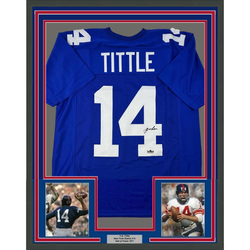 Framed Facsimile Autographed Y.A. YA Tittle 35x39 New York Blue Reprint Laser Auto Football Jersey (ONLINE ORDER ONLY)