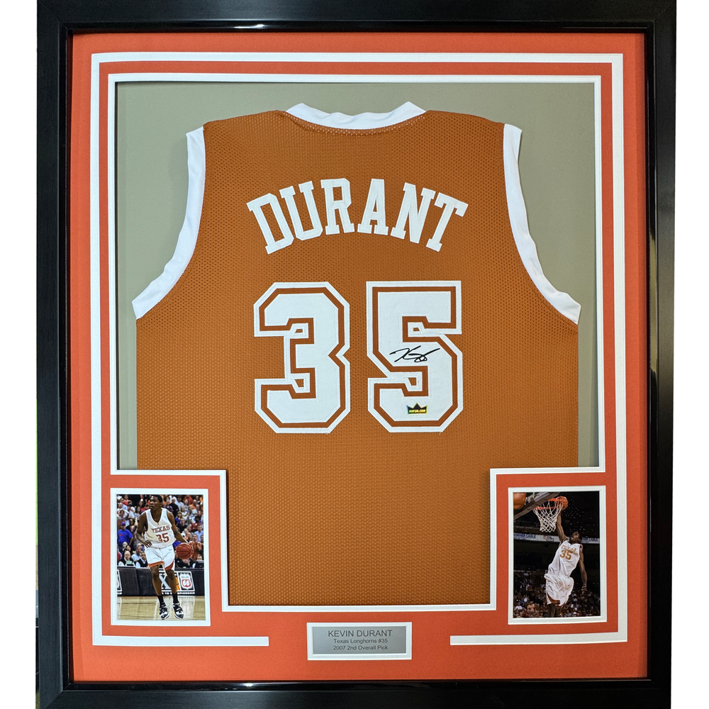 Framed Facsimile Autographed Kevin Durant 35x39 Texas Orange Reprint Laser Auto College Basketball Jersey (ONLINE ORDER ONLY)
