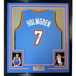 Framed Facsimile Autographed Chet Holmgren 35x39 Oklahoma City Blue Reprint Laser Auto Basketball Jersey (ONLINE ORDER ONLY)