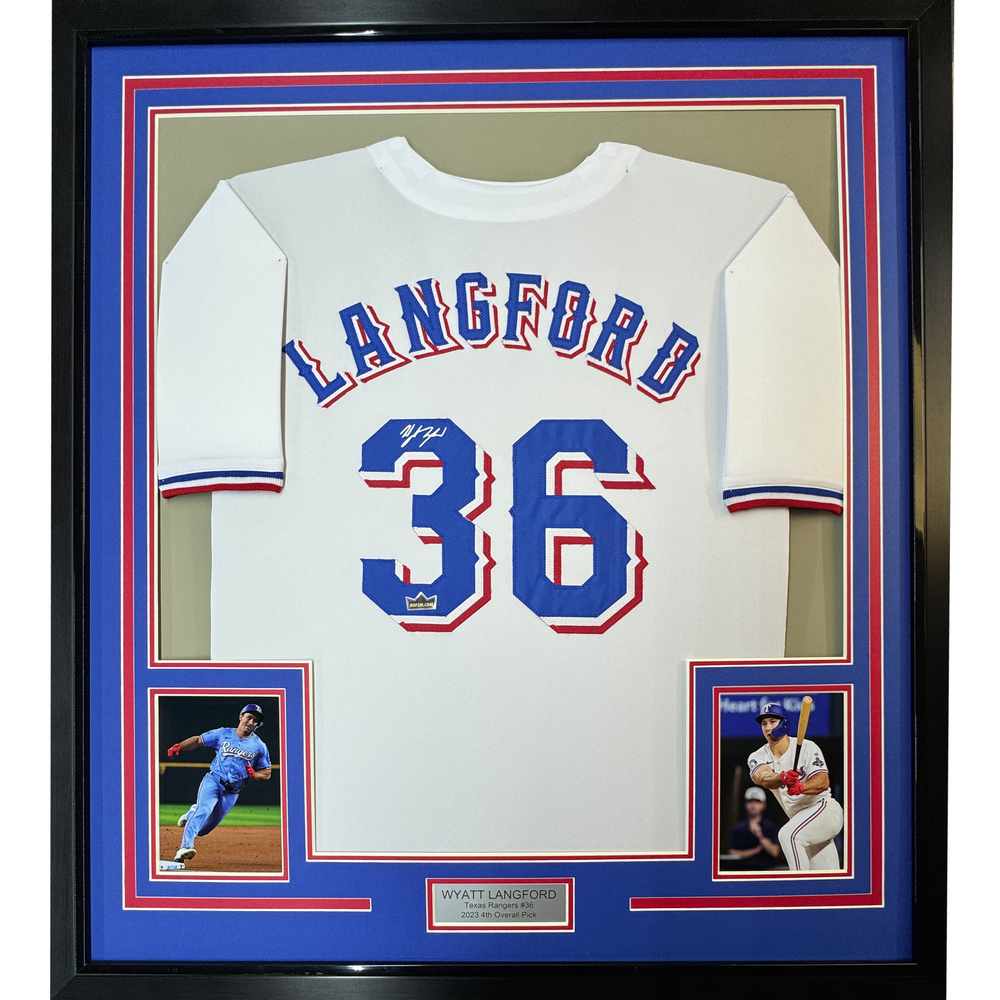Framed Facsimile Autographed Wyatt Langford 35x39 Texas White Reprint Laser Auto Baseball Jersey (ONLINE ORDER ONLY)