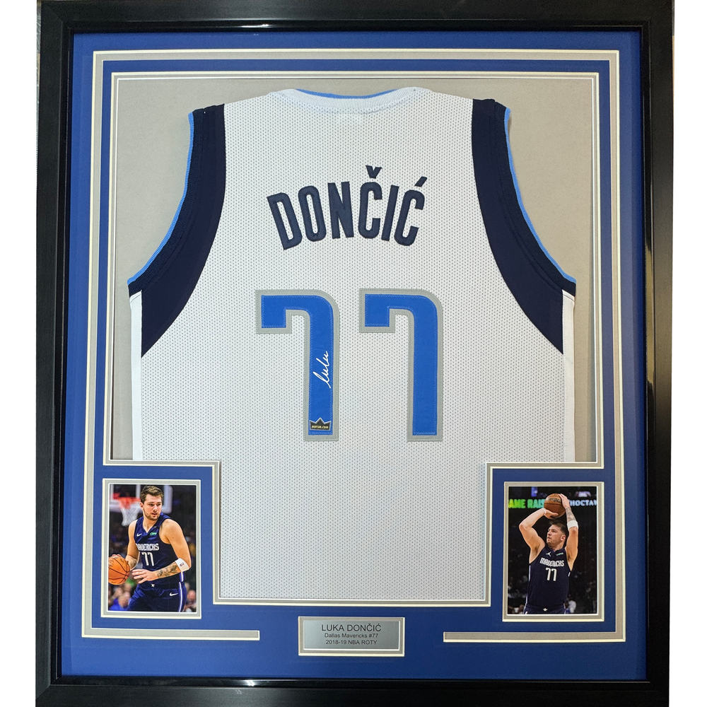 Framed Facsimile Autographed Luka Doncic 35x39 Dallas White Reprint Laser Auto Basketball Jersey (ONLINE ORDER ONLY)