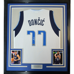 Framed Facsimile Autographed Luka Doncic 35x39 Dallas White Reprint Laser Auto Basketball Jersey (ONLINE ORDER ONLY)