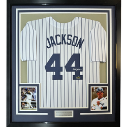 Framed Facsimile Autographed Reggie Jackson 35x39 New York Pinstripe Reprint Laser Auto Baseball Jersey (ONLINE ORDER ONLY)