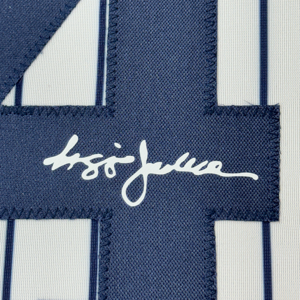 Framed Facsimile Autographed Reggie Jackson 35x39 New York Pinstripe Reprint Laser Auto Baseball Jersey (ONLINE ORDER ONLY)