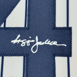 Framed Facsimile Autographed Reggie Jackson 35x39 New York Pinstripe Reprint Laser Auto Baseball Jersey (ONLINE ORDER ONLY)