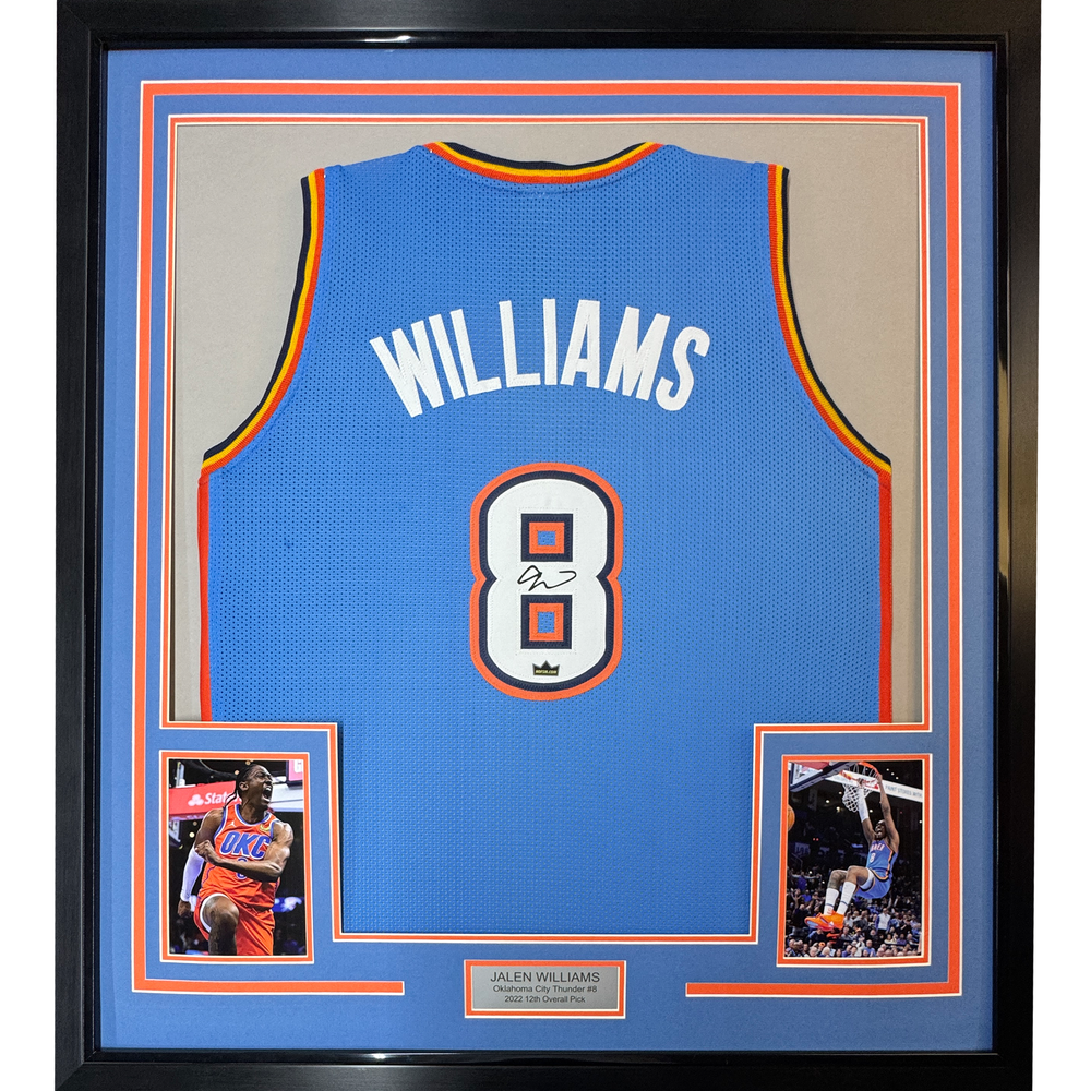 Framed Facsimile Autographed Jalen Williams 35x39 Oklahoma City Blue Reprint Laser Auto Basketball Jersey (ONLINE ORDER ONLY)