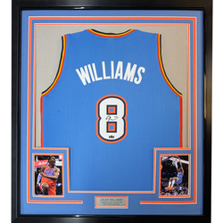 Framed Facsimile Autographed Jalen Williams 35x39 Oklahoma City Blue Reprint Laser Auto Basketball Jersey (ONLINE ORDER ONLY)