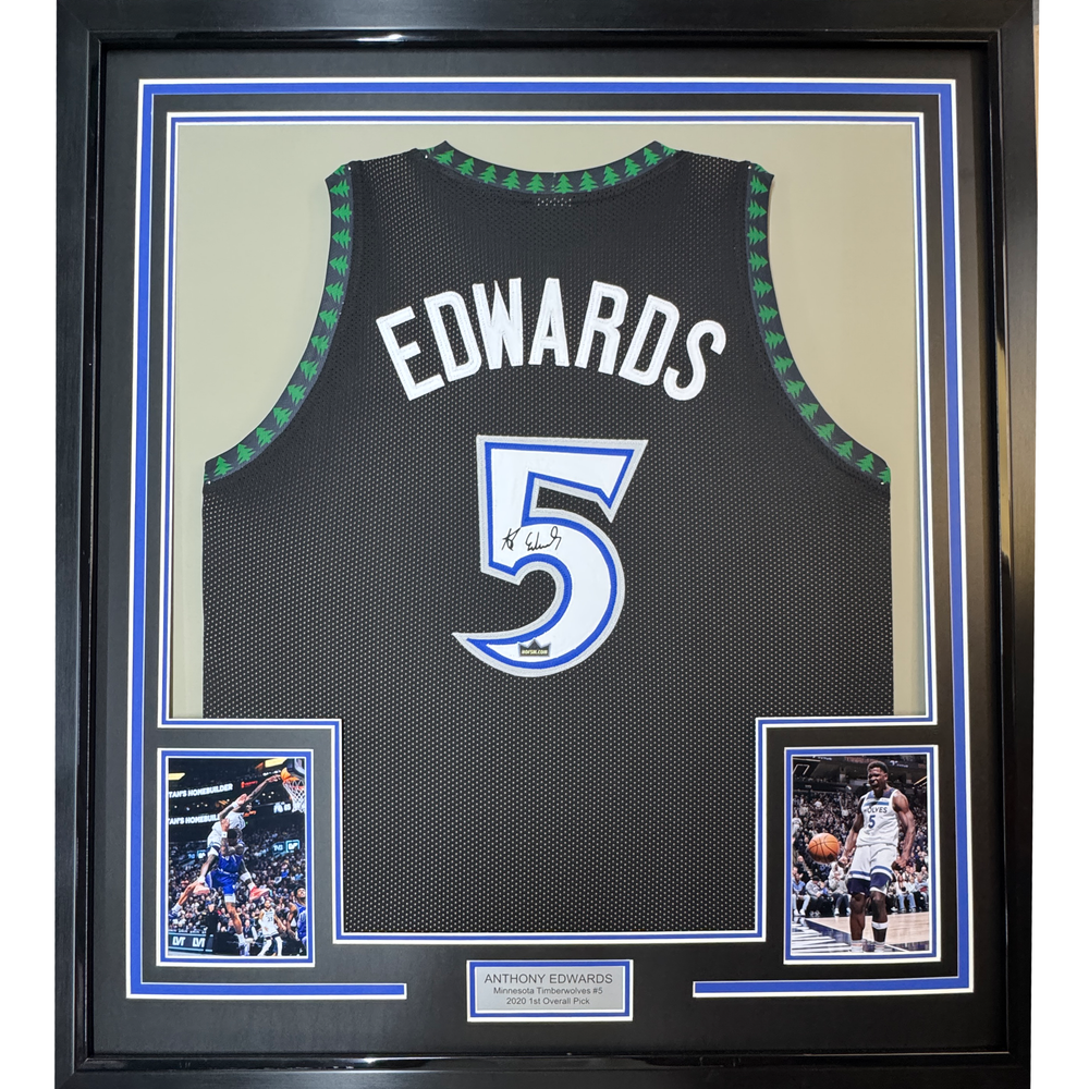 Framed Facsimile Autographed Anthony Edwards 35x39 Minnesota Black Reprint Laser Auto Basketball Jersey (ONLINE ORDER ONLY)