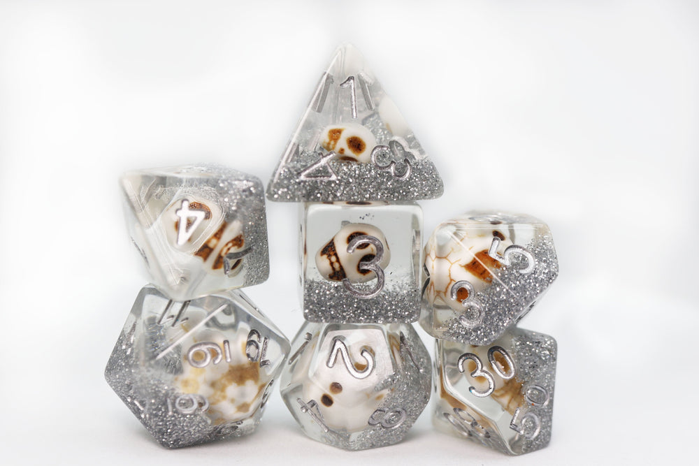 Skull and Silver Glitter RPG Dice Set (ONLINE ORDER ONLY)
