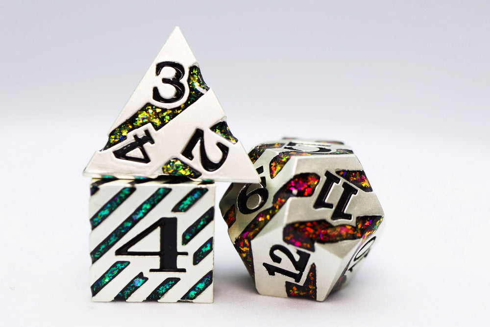 Into the Mines: Platinum with Rainbow Mica - Metal RPG Dice Set (ONLINE ORDER ONLY)