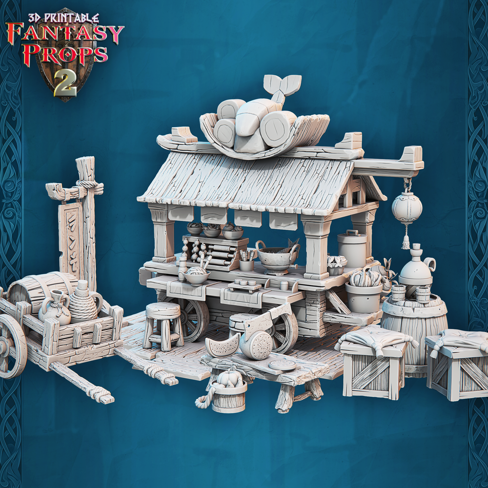 3D Printed STL Miniatures Fantasy Props 2 Market Food Stall 28 - 32mm War Gaming D&D (Online Only)