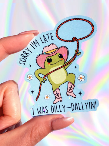 Sorry I’m Late Frog Sticker – Cute Cowboy Glitter Vinyl Sticker (ONLINE ORDER ONLY)