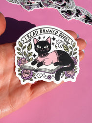 I Read Banned Books Sticker – Black Cat Reading Vinyl Decal – Feminist Book Lover Waterproof (Online Order Only)