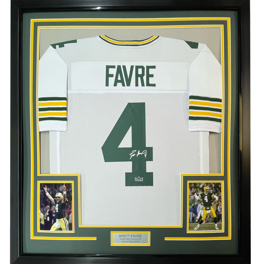 Framed Facsimile Autographed Brett Favre 35x39 Green Bay White Reprint Laser Auto Football Jersey Size Men's XL (ONLINE ORDER ONLY)