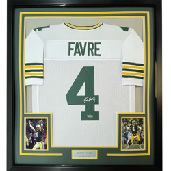 Framed Facsimile Autographed Brett Favre 35x39 Green Bay White Reprint Laser Auto Football Jersey Size Men's XL (ONLINE ORDER ONLY)