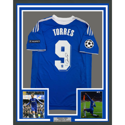 Framed Autographed/Signed Fernando Torres 35x39 Chelsea FC Blue Soccer Futbol Jersey Beckett BAS COA