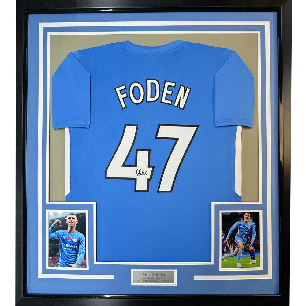 Framed Facsimile Autographed Phil Foden 35x39 Manchester City Blue Reprint Laser Auto Soccer Jersey (ONLINE ORDER ONLY)
