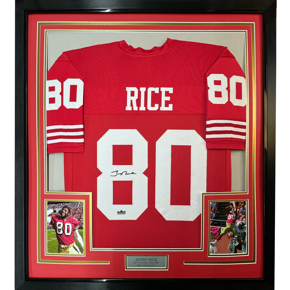 Framed Facsimile Autographed Jerry Rice 35x39 San Francisco Red Reprint Laser Auto Football Jersey (ONLINE ORDER ONLY)