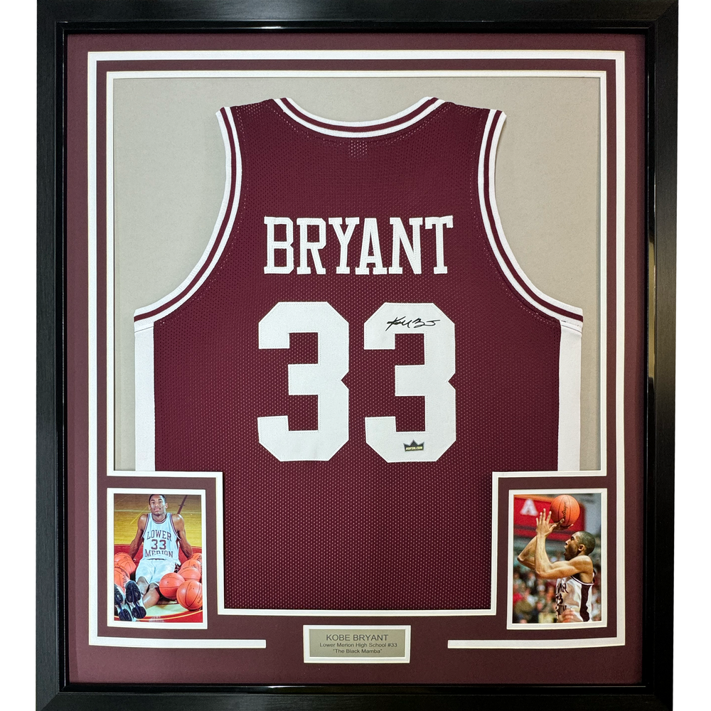 Framed Facsimile Autographed Kobe Bryant 35x39 Lower Merion Maroon Reprint Laser Auto High School Basketball Jersey (ONLINE ORDER ONLY)