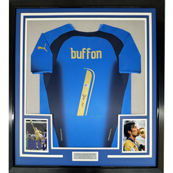 Framed Autographed/Signed Gianluigi Buffon 35x39 Italy Blue Soccer Futbol Jersey Beckett BAS COA
