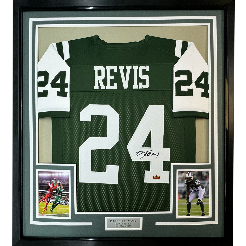 Framed Facsimile Autographed Darrelle Revis 35x39 New York Green Reprint Laser Auto Football Jersey (ONLINE ORDER ONLY)