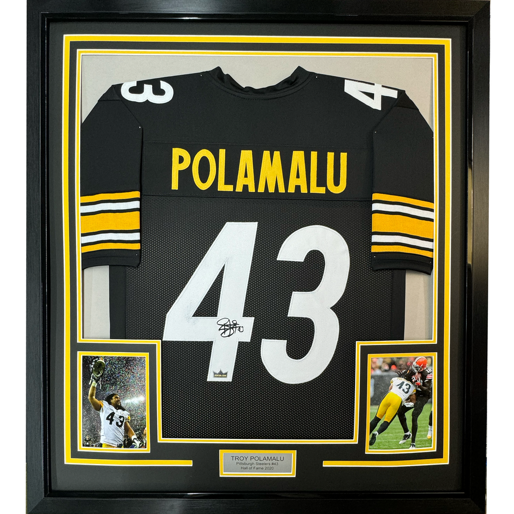 Framed Facsimile Autographed Troy Polamalu 35x39 Pittsburgh Black Reprint Laser Auto Football Jersey (ONLINE ORDER ONLY)