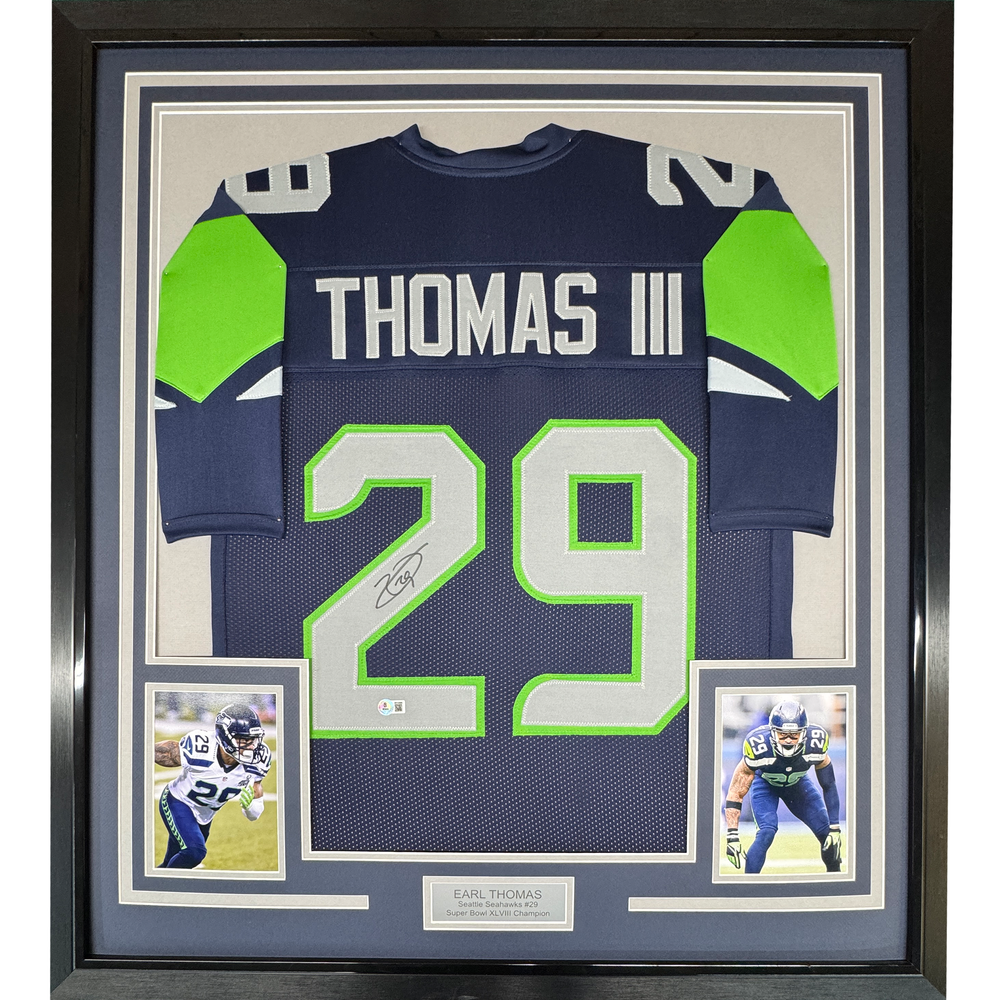 Framed Autographed/Signed Earl Thomas III 35x39 Seattle Blue Football Jersey Beckett BAS COA